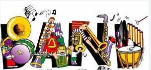 The word band in capital letters with pictures  of band instruments.