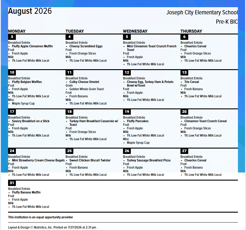 Lunch menus for K-5