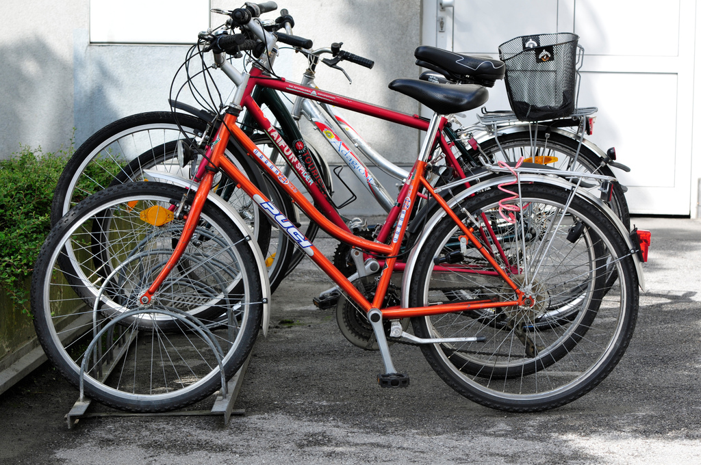 Red bikes in a bike rack