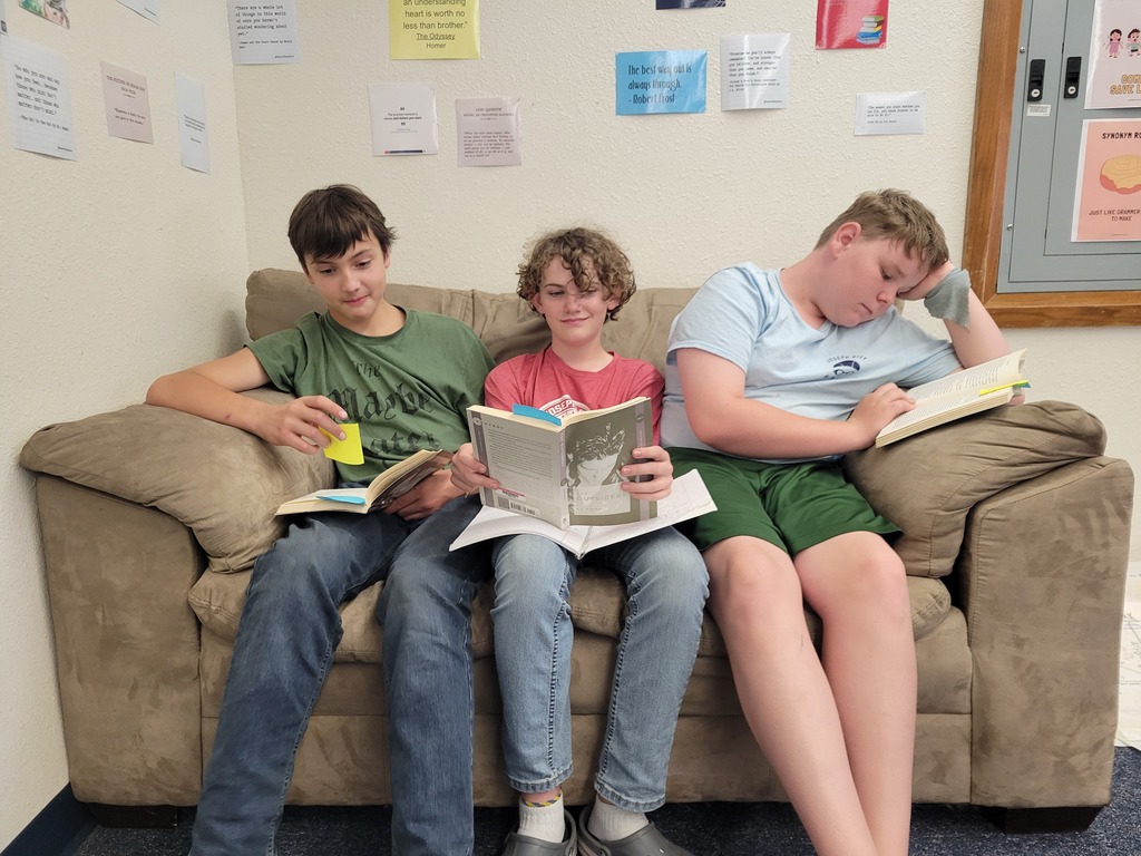 Three students read The Outsiders together.