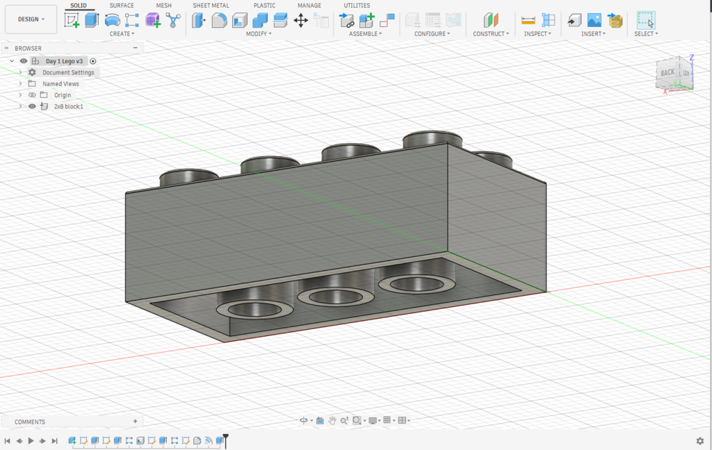 Lego style brick modeled in fusion.