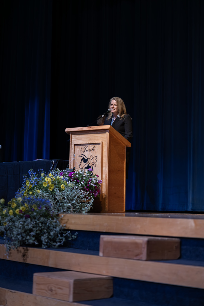 School Board President Hanks presenting at the 2025 JHS Senior Scholarships Banquet