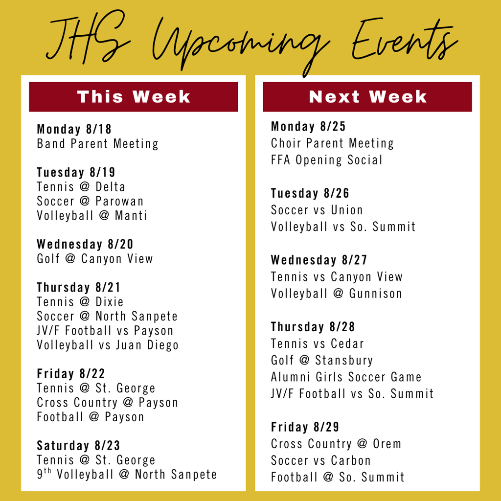 JHS Upcoming Events - 8/18