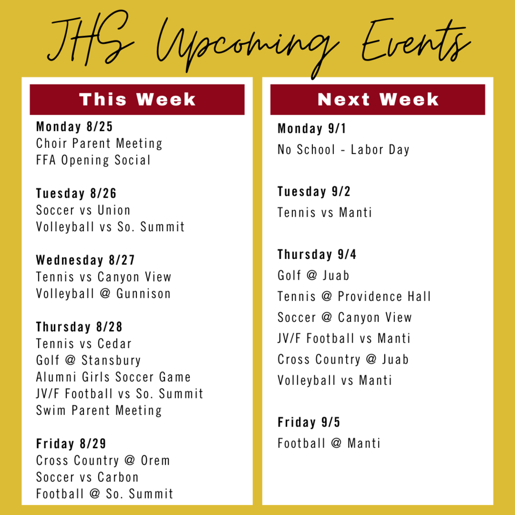 JHS Upcoming Events - 8/25
