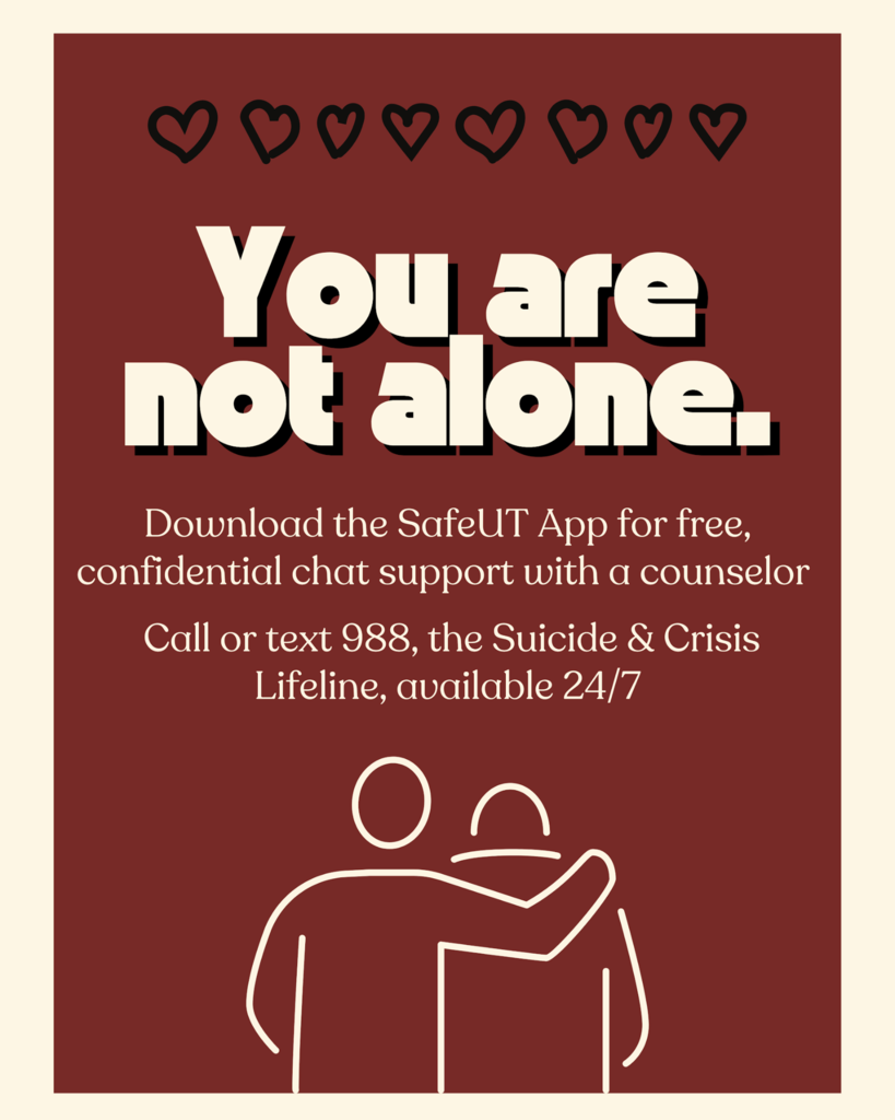 Our hearts are heavy as we know many in our school family are hurting right now. Please remember—you are not alone, and support is here whenever you need it. Check in with yourself, check in with your friends, and let’s look out for each other. ❤️ We want to remind everyone that support is always available: 📱 Download the SafeUT app for free, confidential chat support with a counselor ☎️ Call or text 988, the Suicide & Crisis Lifeline, available 24/7 🏫 Counselors and caring staff are ready to listen and help—please reach out if you need someone to talk to.