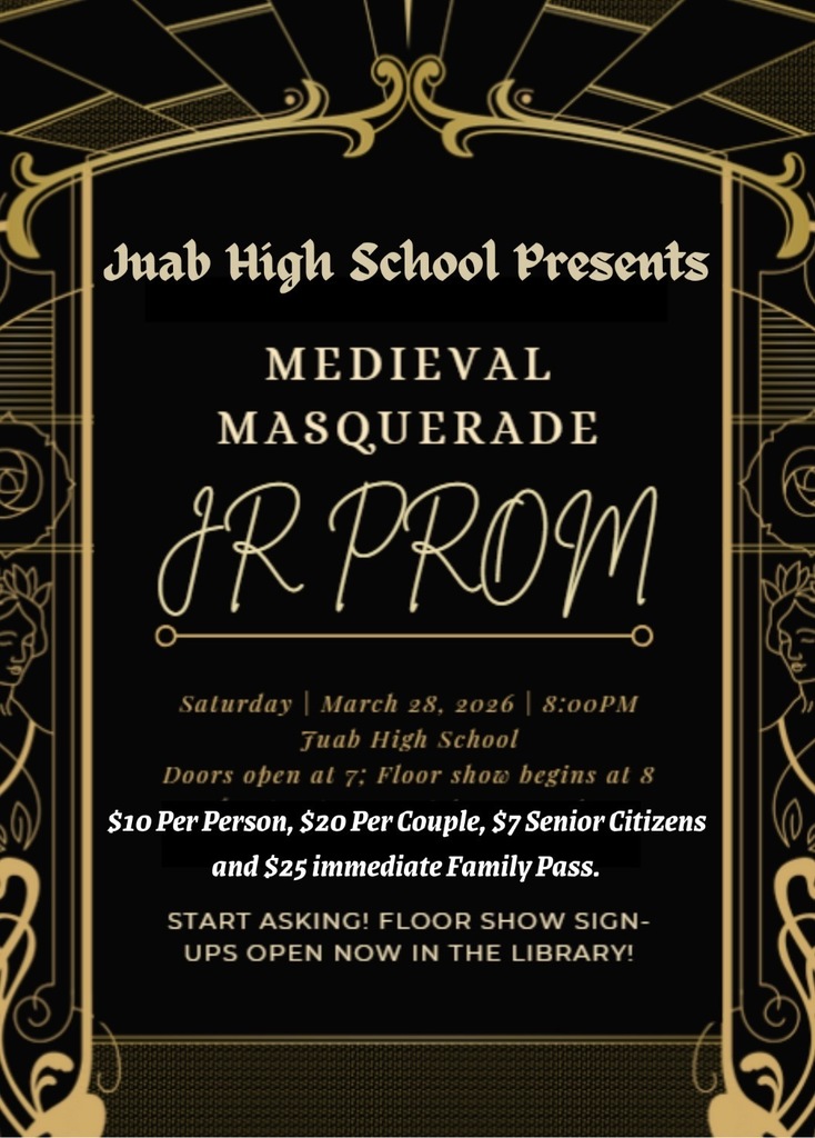 JHS Presents Medieval Masquerade Jr Prom. Saturday March 28, 2026 at 8pm at Juab High School. Doors open at 7pm and the Juab High School  Presents Medieval Masquerade Jr Prom. Saturday March 28 at 8pm at Juab High School. Doors open at 7pm and the floor show begins at 8pm. Tickets are $10 per person, $20 per couple, $7 for senior citizens and $25 for an immediate family pass. 
