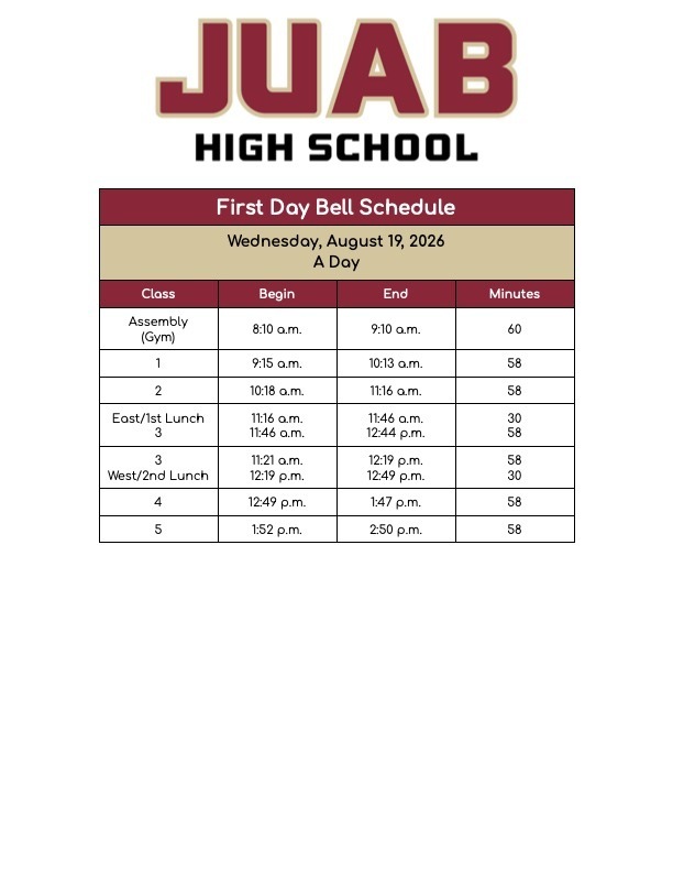 Juab HS First Day Bell Schedule