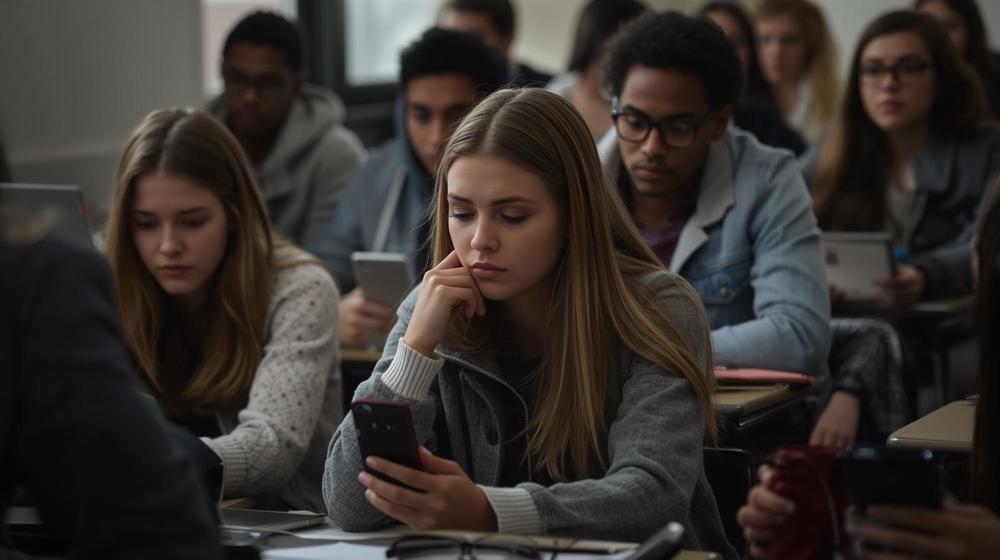 Diverse group of high school students looking at their phones while sitting in class