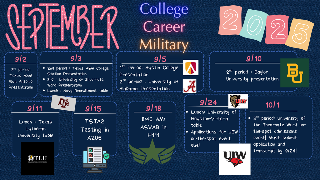 Calendar of events from our college counselor