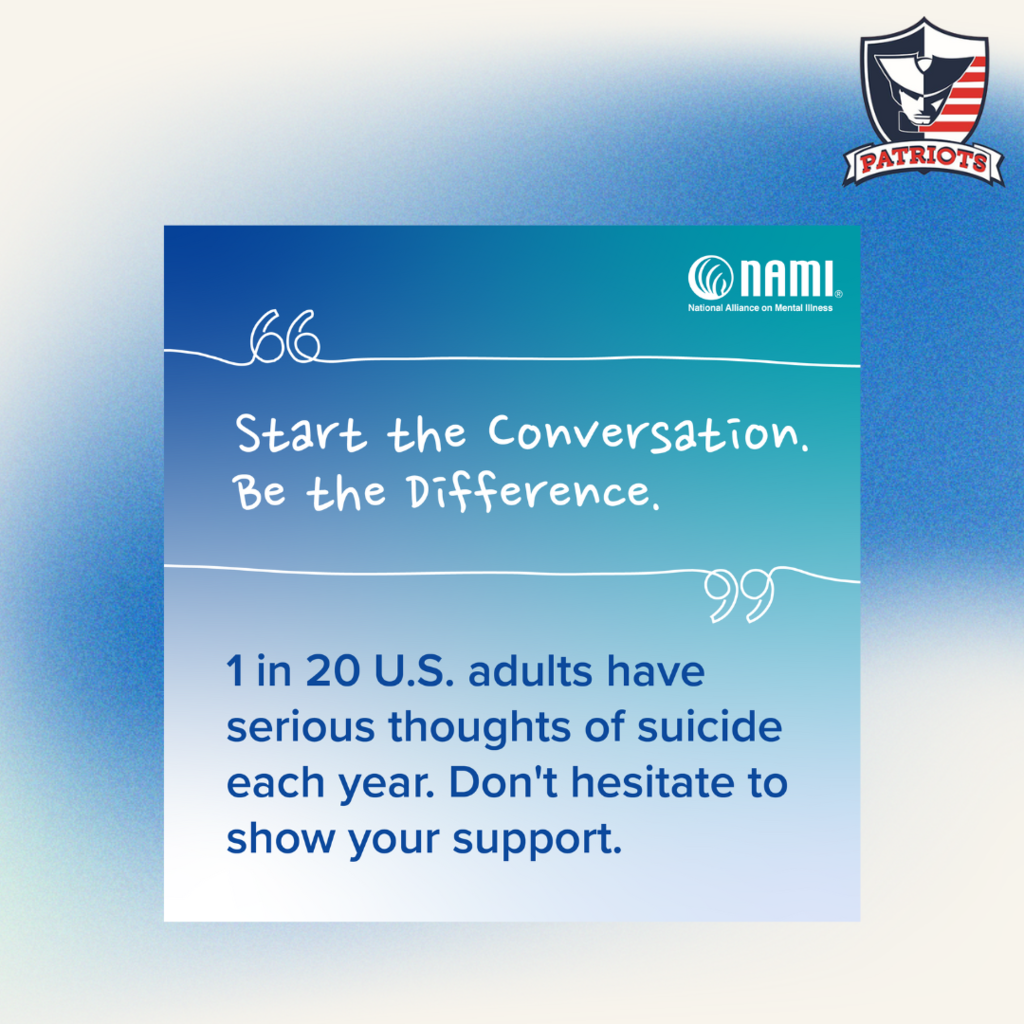Blue gradient graphic with text: “1 in 20 U.S. adults have serious thoughts of suicide each year. Don’t hesitate to show your support.” Decorative quotation marks. NAMI logo included.