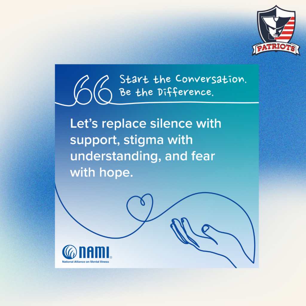 Blue and teal gradient graphic with text: “Let’s replace silence with support, stigma with understanding, and fear with hope.” Illustration of an outlined hand holding a small heart. NAMI logo included.