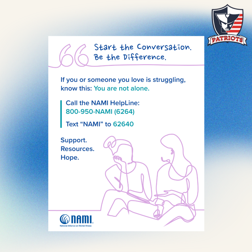 NAMI helpline and two scribbled sketches of women speaking