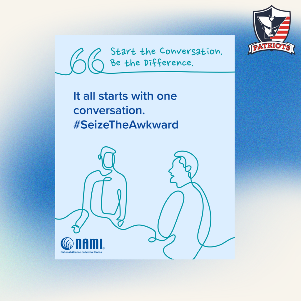 Light blue graphic with text: “It all starts with one conversation. #SeizeTheAwkward.” Illustration of two outlined people sitting and talking. NAMI logo included.