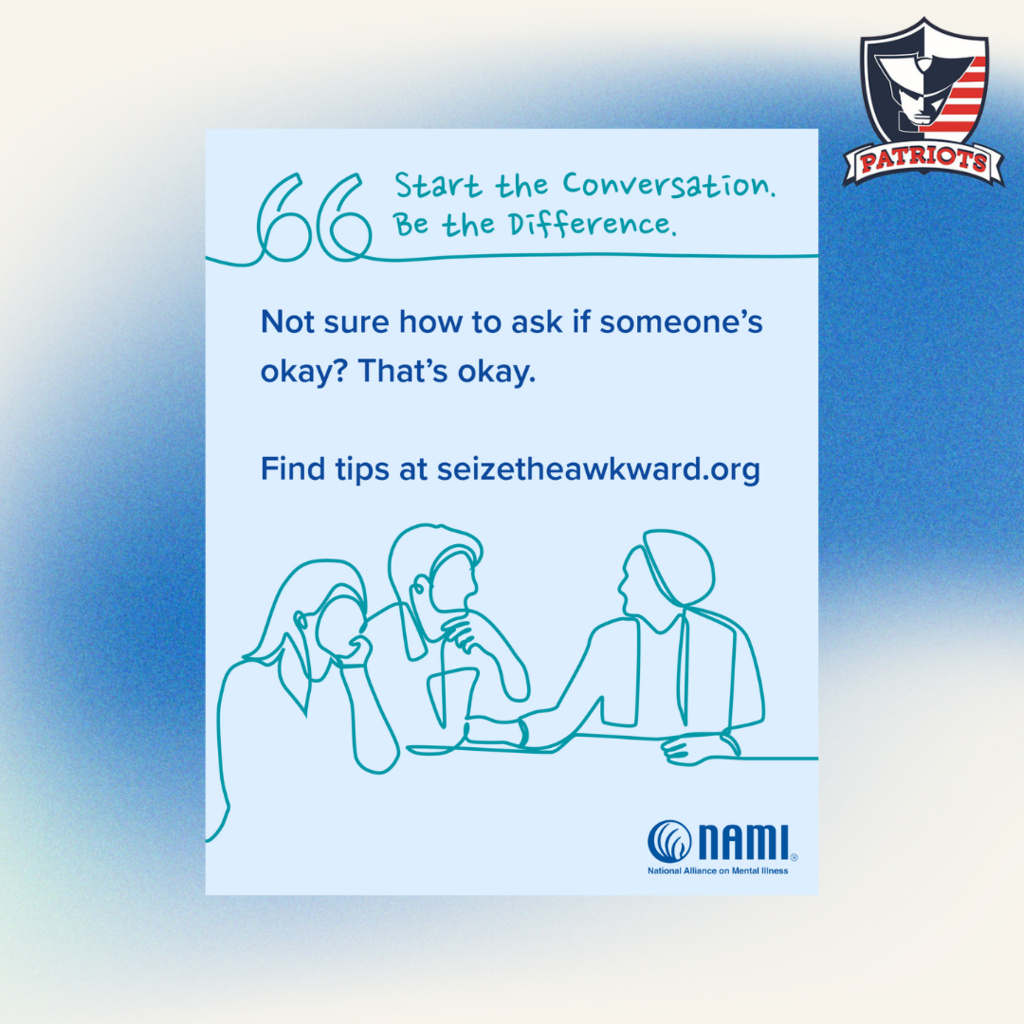 Light blue graphic with text: “Not sure how to ask if someone’s okay? That’s okay. Find tips at seizetheawkward.org.” Illustration of three outlined people talking at a table. NAMI logo included.