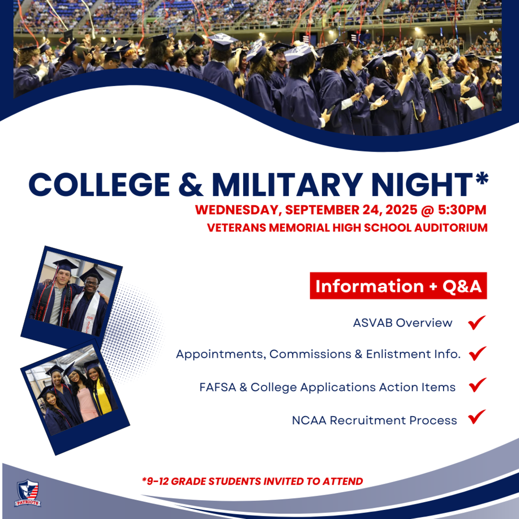 Flyer listing the topics covered during the college and military night: ASVAB, military recruitment, FAFS, NCAA process
