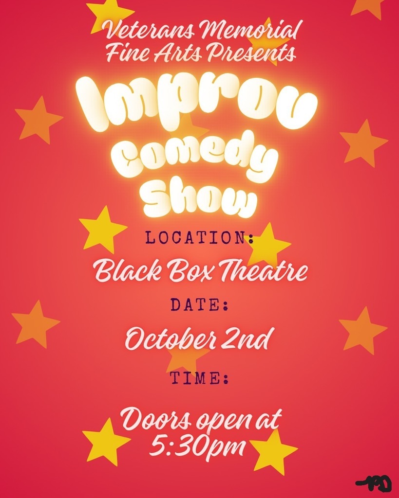 A bright red and yellow poster announcing the Veterans Memorial Fine Arts Improv Comedy Show. 
