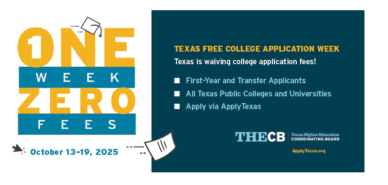 A screenshot from the Texas Higher Education Coordinating Board (THECB) website announcing Free College Application Week from October 13-19, 2025.