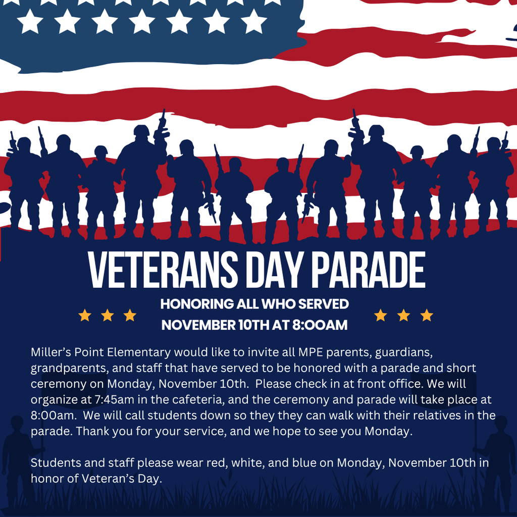 Veteran's, please join us Monday, November 10th as we honor your service with a short ceremony and parade.  Please see flyer for details.