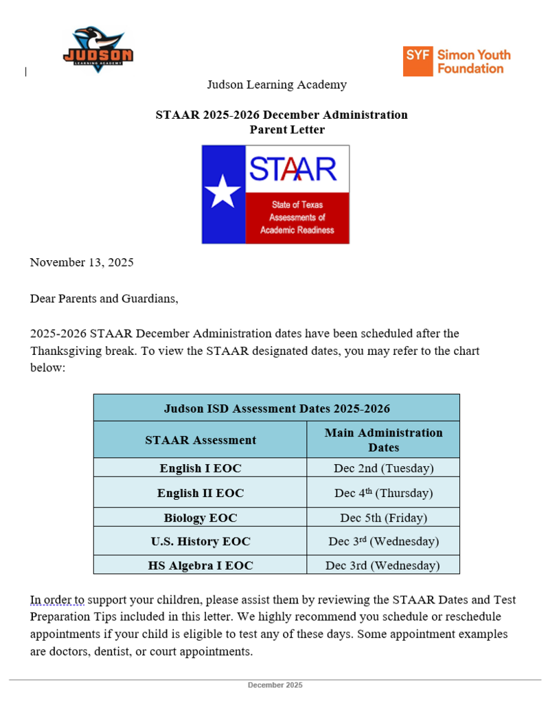 JLA DEC STAAR EOC Parent Letter