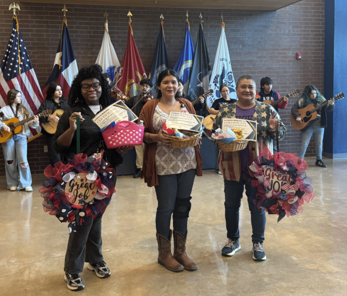 group image featuring Johnee Kennedy Whitney (Teacher of the Month), Yvette Poe, and Clarisa Sandoval (Employees of the Month)