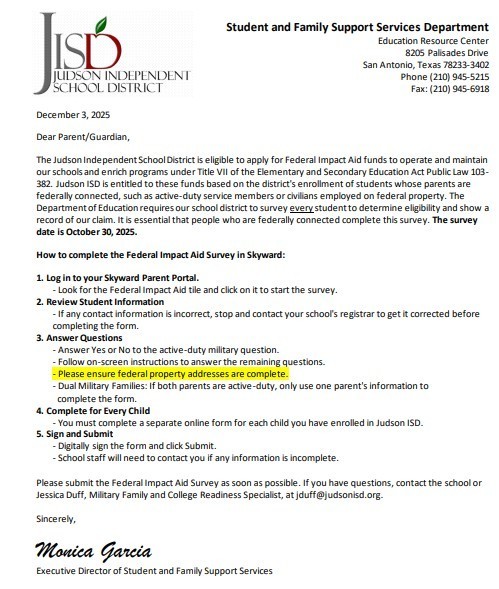 Impact Aid Parent Letter