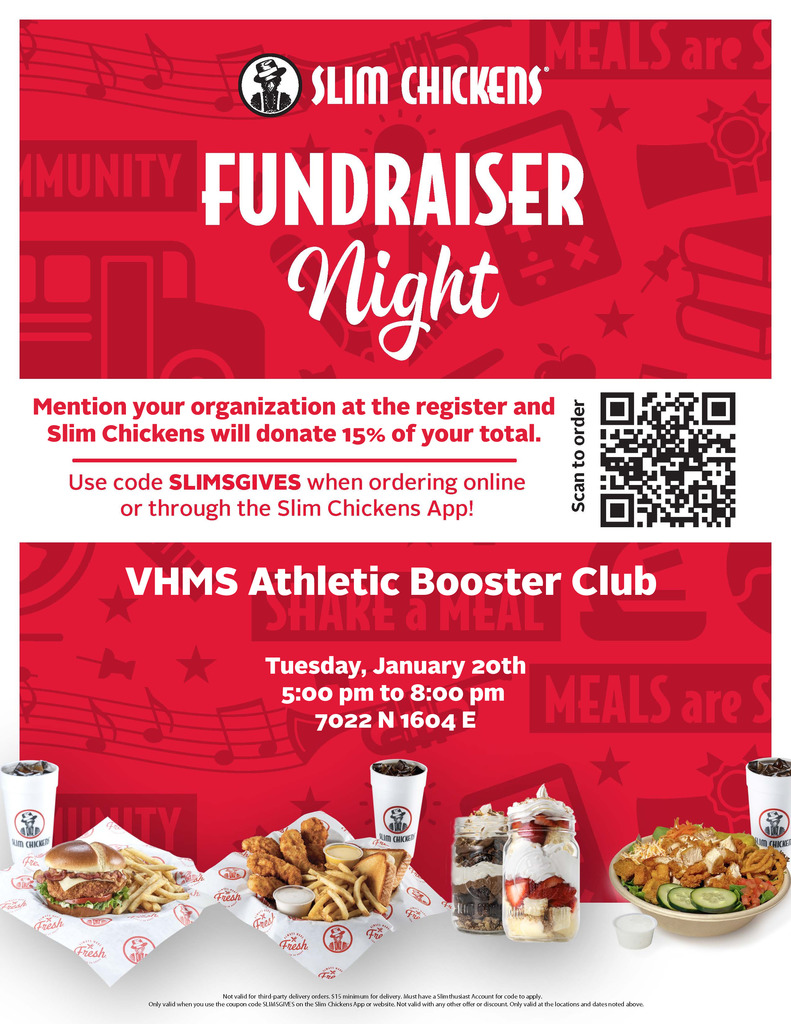 Slim Chickens fundraiser flyer in red and white with menu item photos (chicken burger, fries, tenders, sodas, salad, and desserts)
