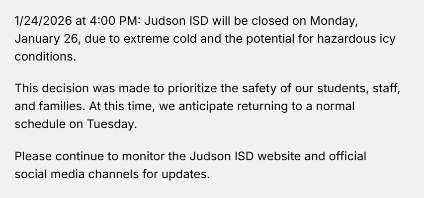 Judson ISD closed Monday, January 26