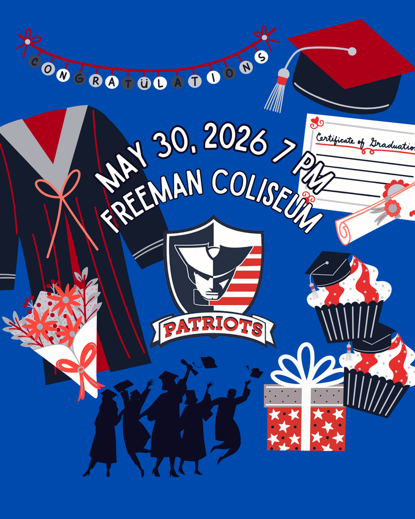 A vibrant blue "Save the Date" flyer for the Veterans Memorial High School graduation. The flyer features the Patriot logo and celebrates the Class of 2026 with illustrations of graduation caps, gowns, diplomas, and cupcakes. Centered text announces the ceremony will take place on May 30, 2026, at 7:00 PM at the Freeman Coliseum.