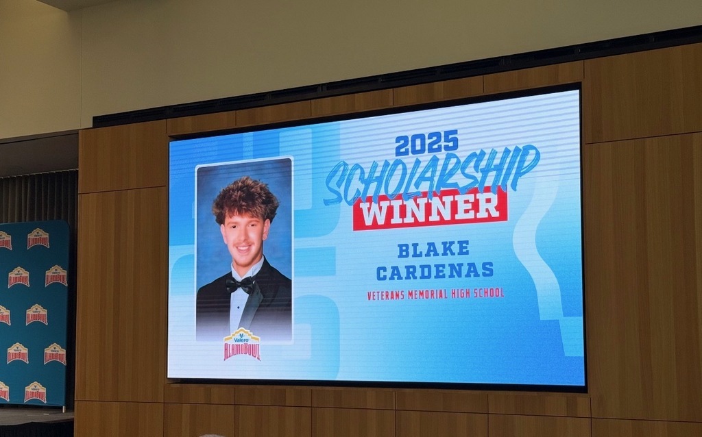Image of the screen showing Blake as a scholarship winner