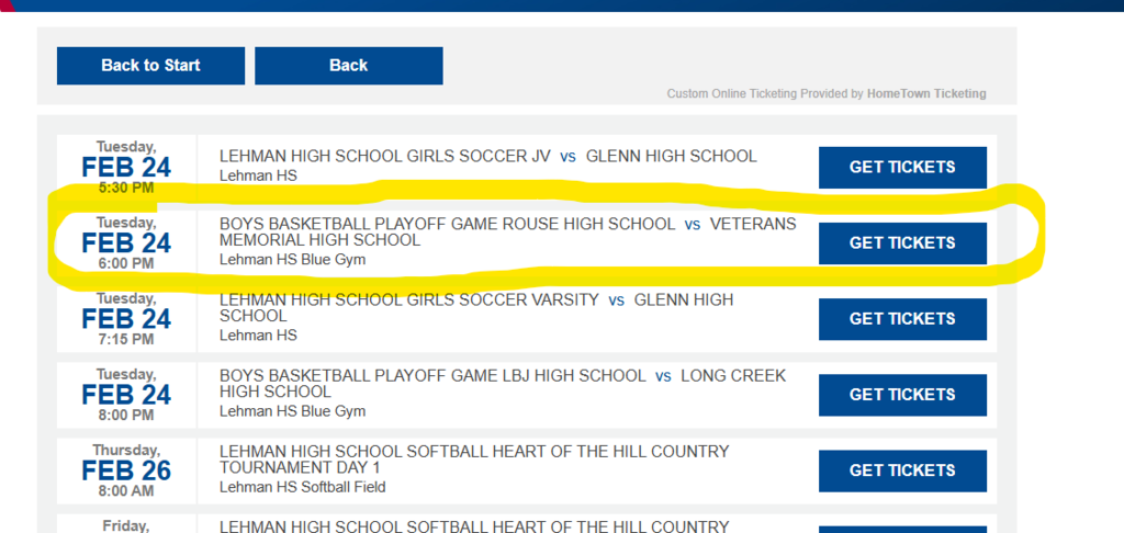 screenshot of the VMHS vs Lehman playoff game ticket option for Feb 24 at 6pm