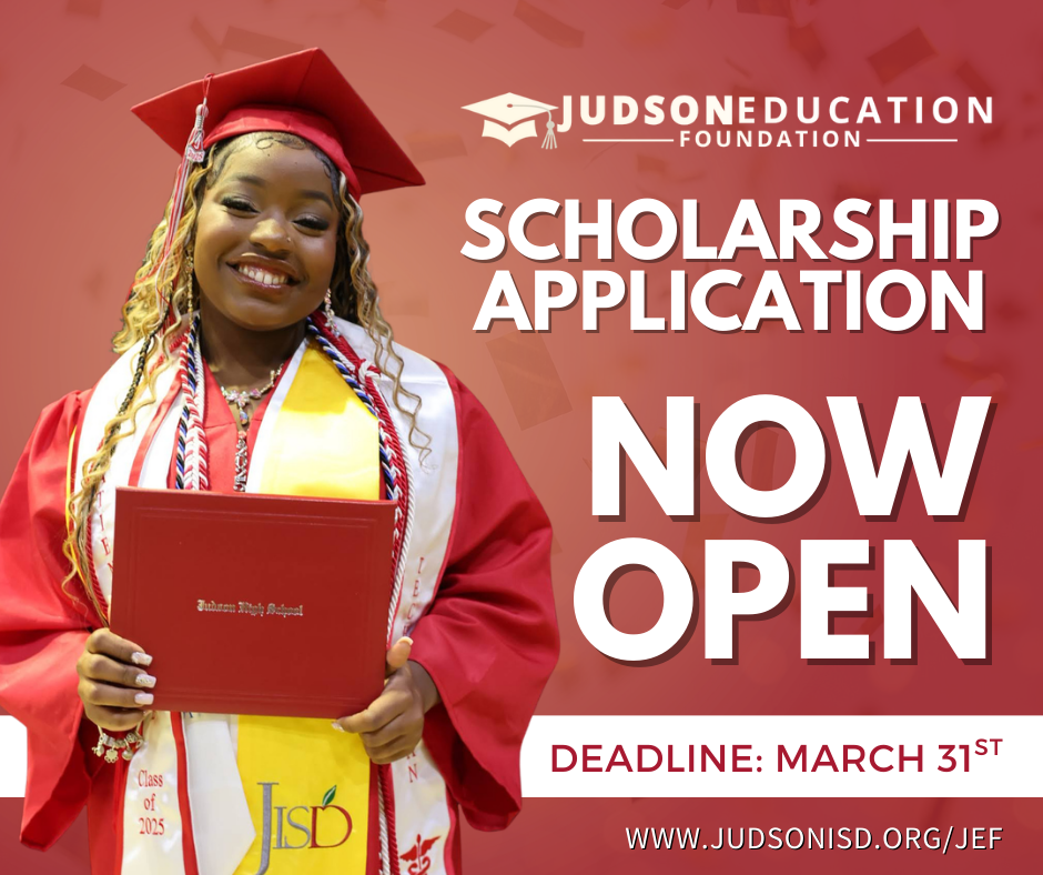 Graphic JEF Scholarships Open. Girl with diploma in graduation regalia.
