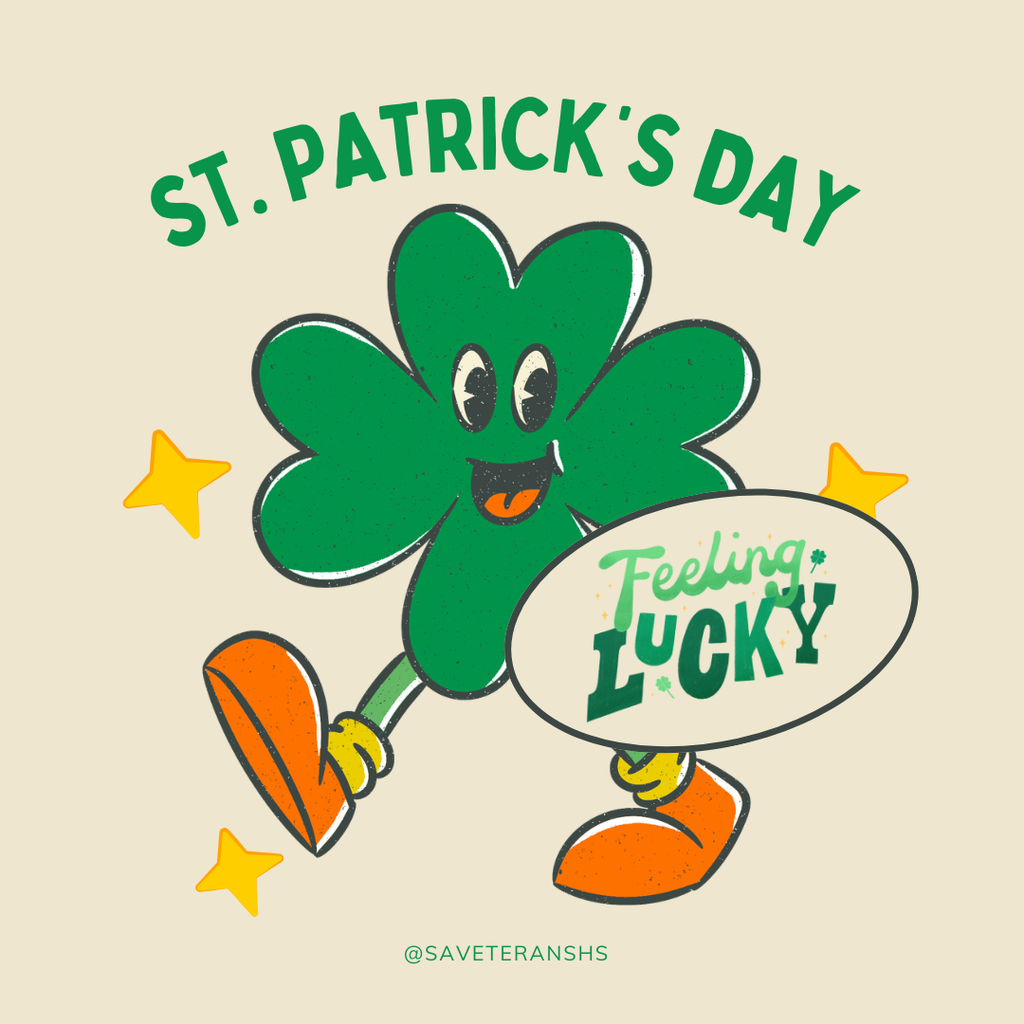 Image of green four-leaf clover with dialogue bubble, "Feeling lucky" to celebrate St. Patrick's Day