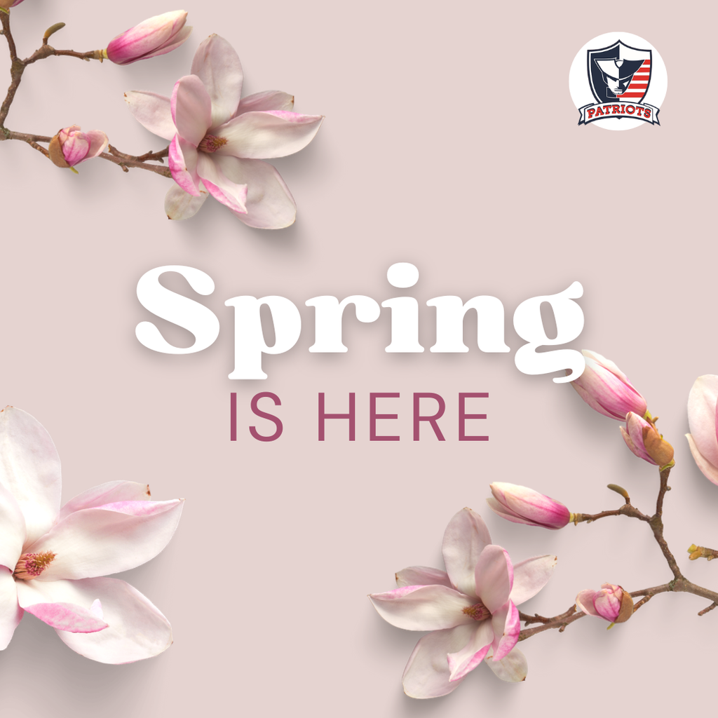 image of pink and white blossoms on a light pink background with words "Spring is here" and the Patriot logo in top right corner