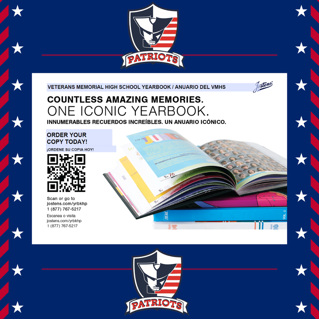 Jostens flyer with QR code for ordering a VMHS yearbook for 2025-2026 school year