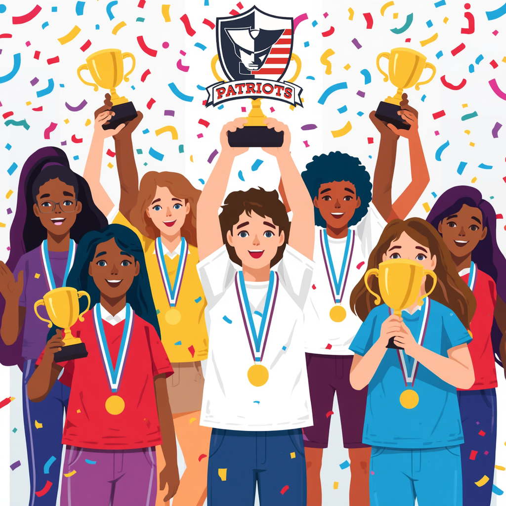 Cartoon style image of students celebrating with trophies and confetti on a white background with the Patriot logo top center