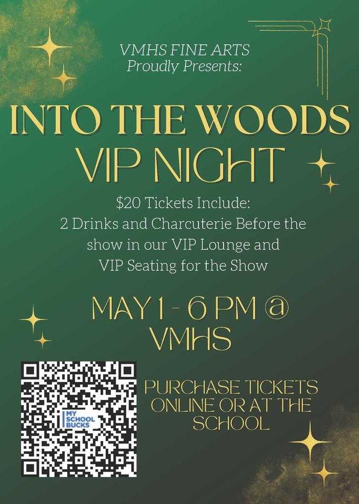A green and gold promotional poster from VMHS Fine Arts advertising “Into the Woods: VIP Night.” The text states that $20 VIP tickets include two drinks and charcuterie before the show in a VIP lounge and VIP seating for the performance. The event is scheduled for May 1 at 6 PM at VMHS. A QR code labeled “My School Bucks” is displayed for purchasing tickets online, and additional text notes tickets can also be purchased at the school. Decorative gold star accents appear throughout the design.