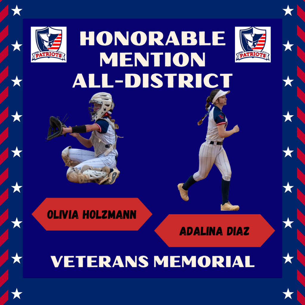Images of the softball players selected for 1st, 2nd, and honorable mention all-district teams on a patriotic blue background with white stars and red border.