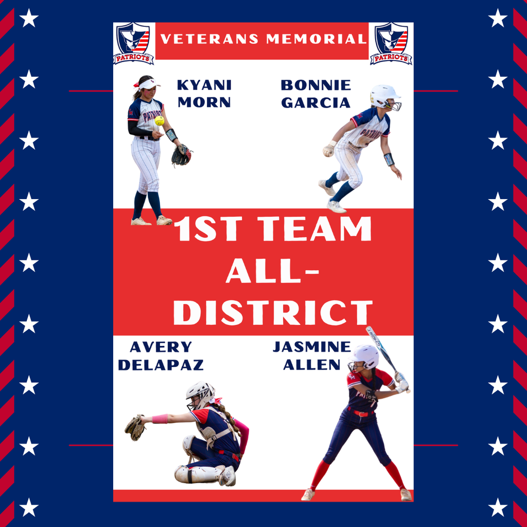 Images of the softball players selected for 1st, 2nd, and honorable mention all-district teams on a patriotic blue background with white stars and red border.
