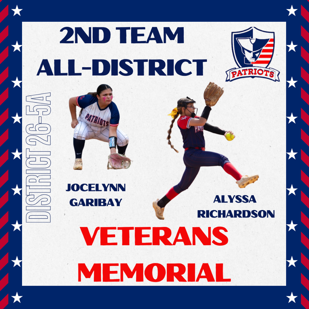Images of the softball players selected for 1st, 2nd, and honorable mention all-district teams on a patriotic blue background with white stars and red border.