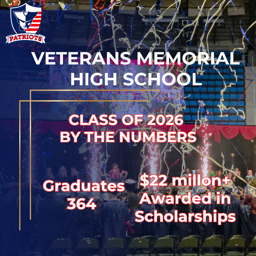 Graphic celebrating the VMHS Class of 2026. The image features graduates at commencement with confetti in the background and highlights two statistics: 364 graduates and more than $22 million awarded in scholarships.