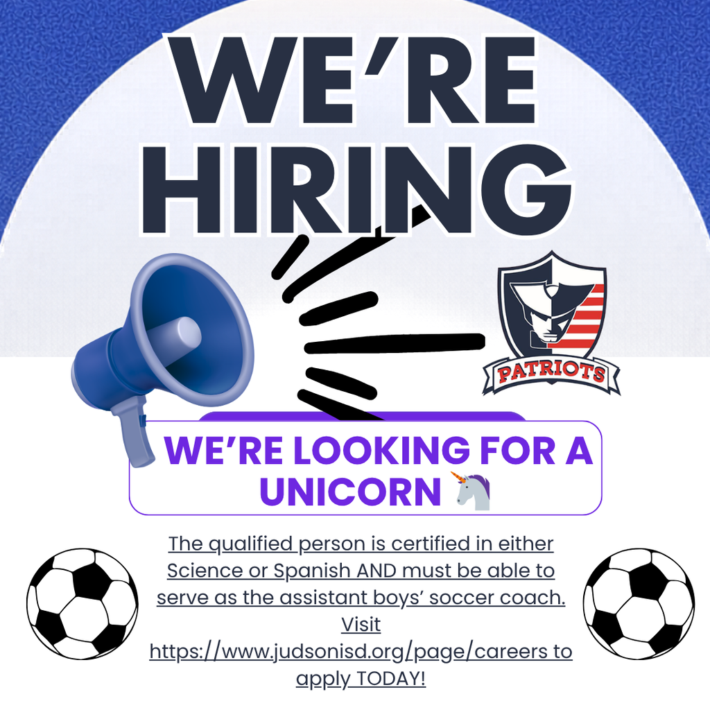 Hiring graphic from Veterans Memorial High School. The graphic states that VMHS is looking for a certified Science or Spanish teacher who can also serve as the Assistant Boys Soccer Coach. The Patriots logo and a unicorn graphic are featured alongside a link to apply through Judson ISD Careers: https://www.judsonisd.org/page/careers. 