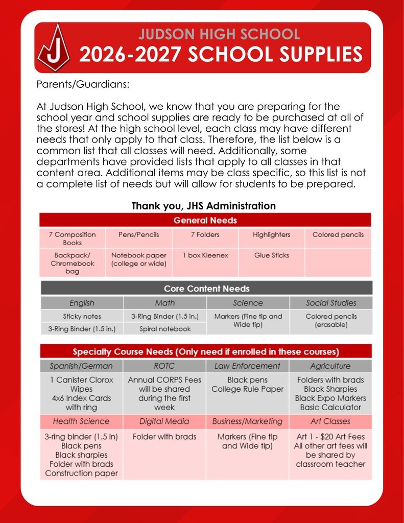 JHS Supply List