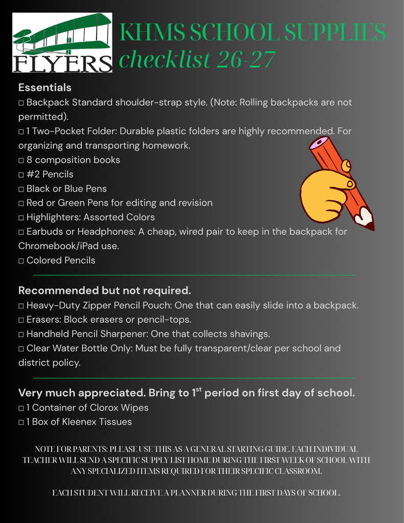 KHMS 26-27 School Supplies List