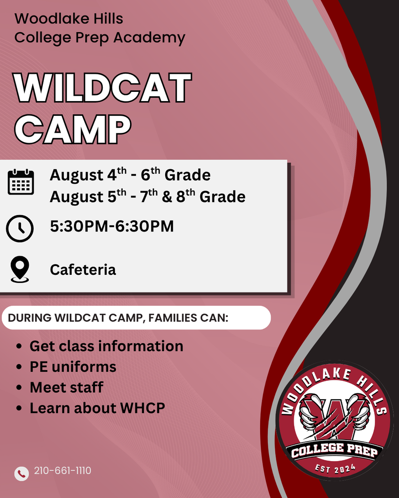 Flyer outlining dates and times for Wildcat Camp at Woodlake Hills College Prep.