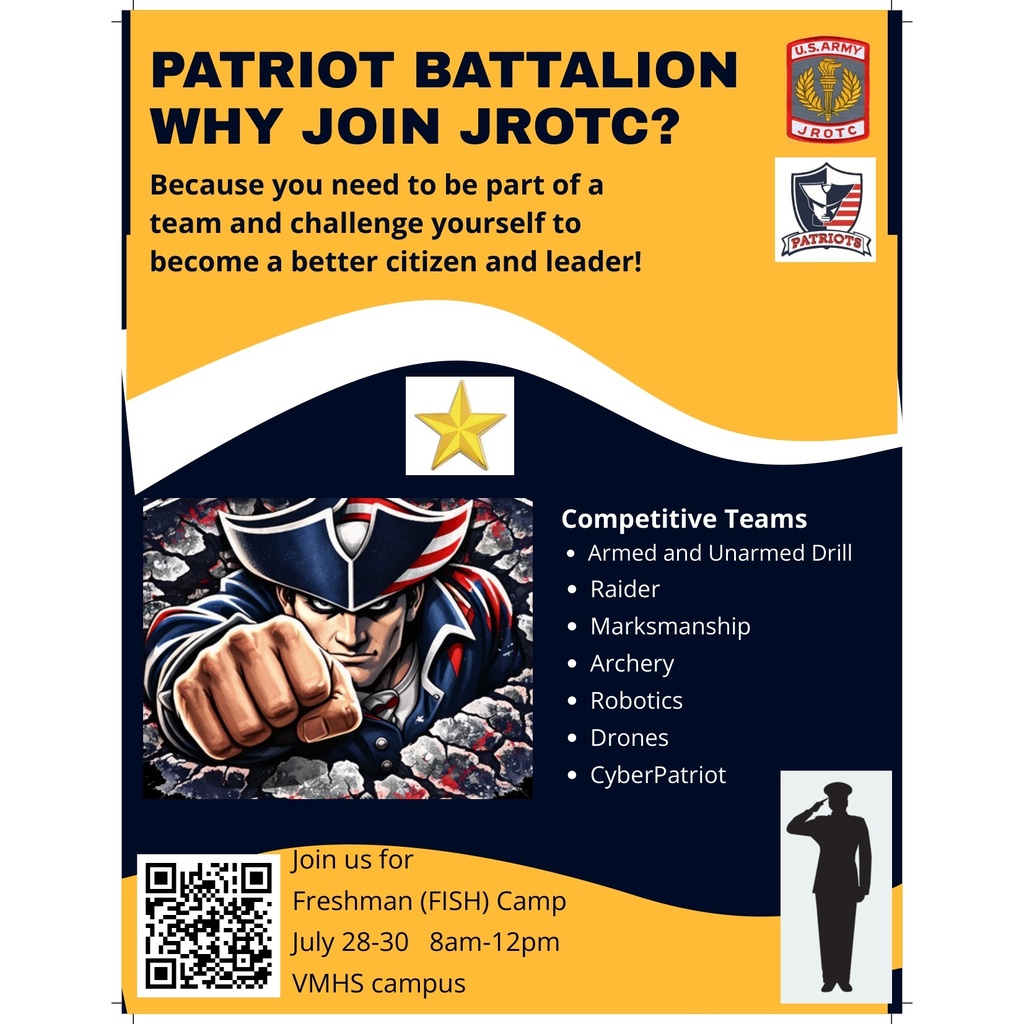 Two JROTC flyers promoting Patriot Battalion, competitive teams, and the three-day FISH Camp schedule for incoming freshmen.