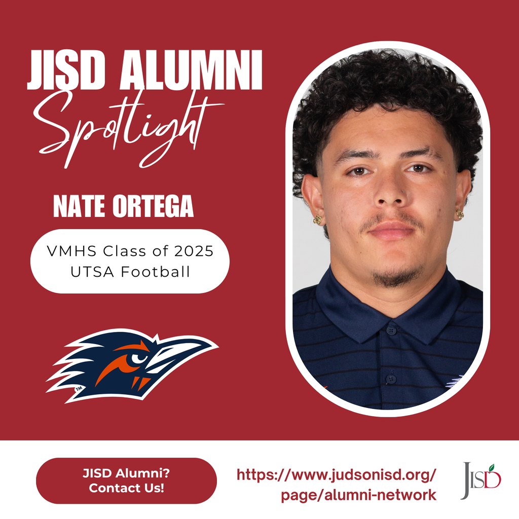 An Alumni spotlight highlighting a UTSA football player who went to school at Veterans Memorial High School. A headshot of him and UTSA's logo.