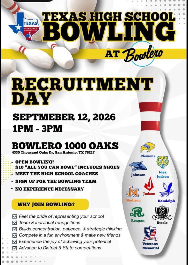 Texas High School Bowling Recruitment Day flyer. Event is September 12, 2026, from 1–3 PM at Bowlero 1000 Oaks, 4330 Thousand Oaks Dr. Open bowling is $10 and includes shoes. Students can meet high school coaches and sign up for the bowling team. No experience is necessary.