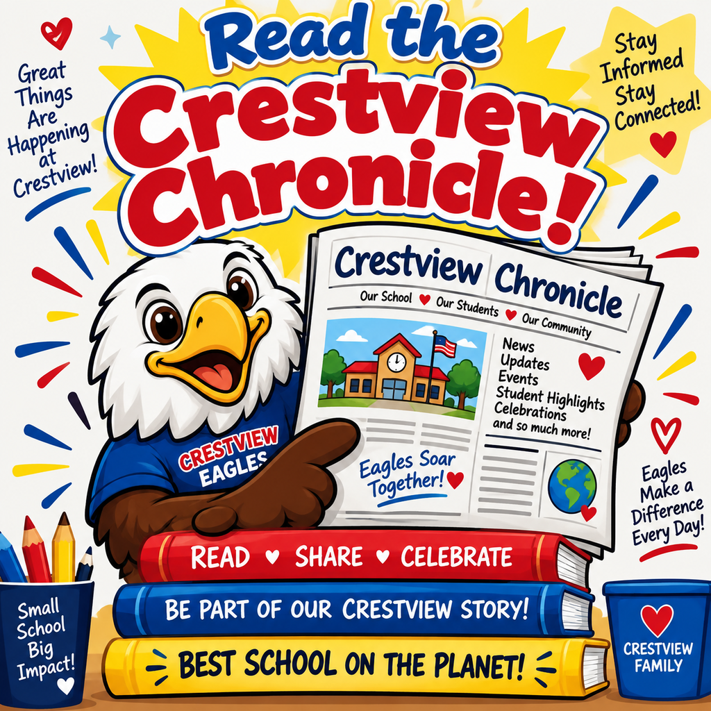 Eagle holding a copy of the Crestview Chronicle