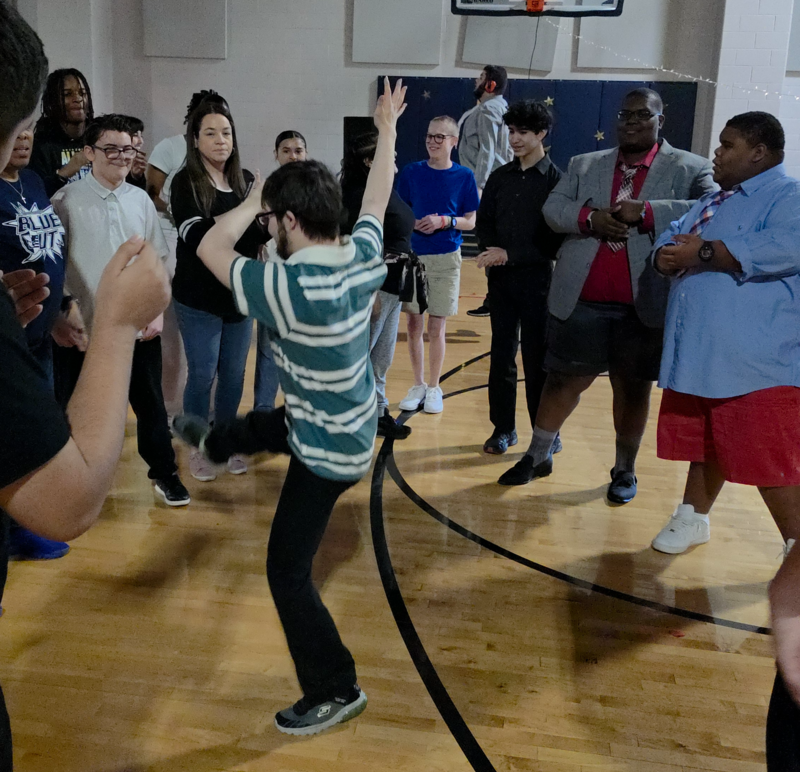Essential Academics students, staff, and PALS enjoy dancing at their Unified Prom at VMHS