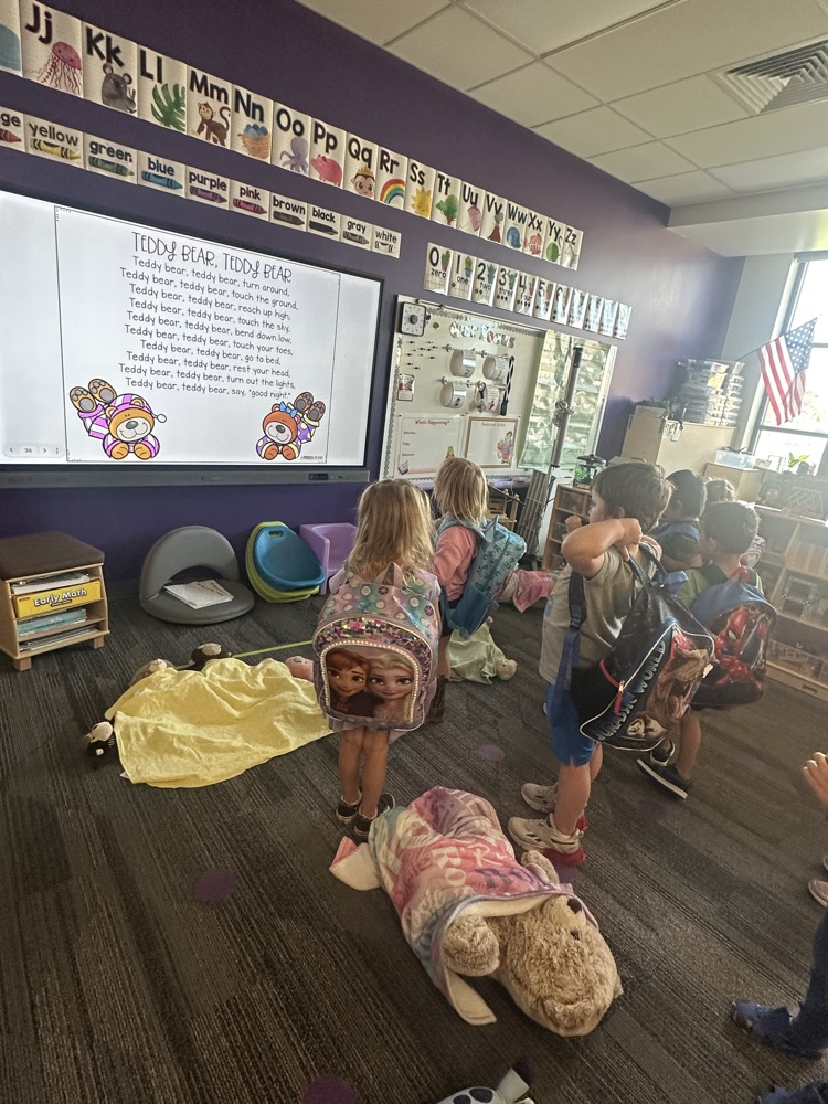 students tucking their teddy bears in for a teddy bear sleepover at school